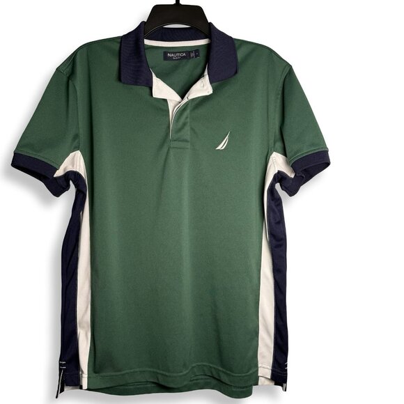 Nautica Polo Shirt Mens Med Slim Fit‎ Performance Sail Logo Green Navy White - Picture 8 of 9